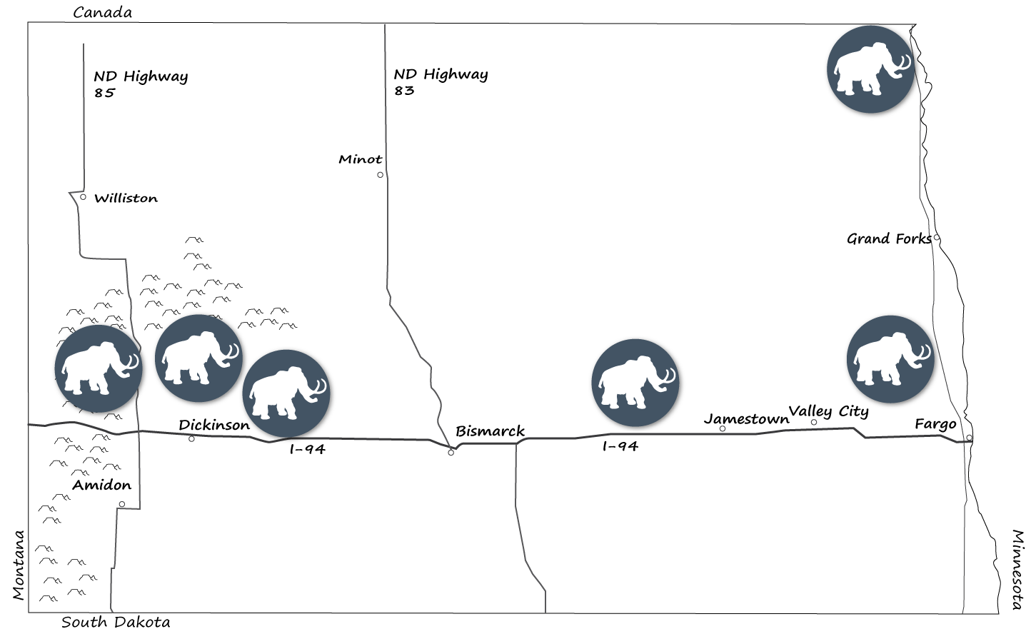 North Dakota map of mastodon locations