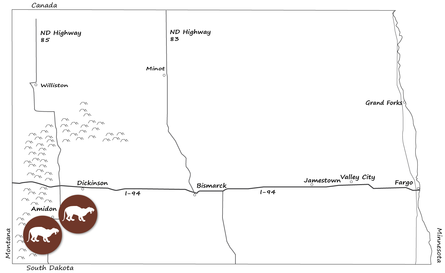 North Dakota map of large cat locations