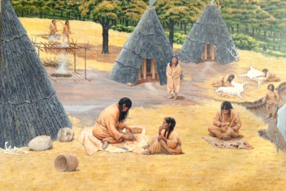 Painting showing Naze houses, which look similar to tipis but are covered in bark