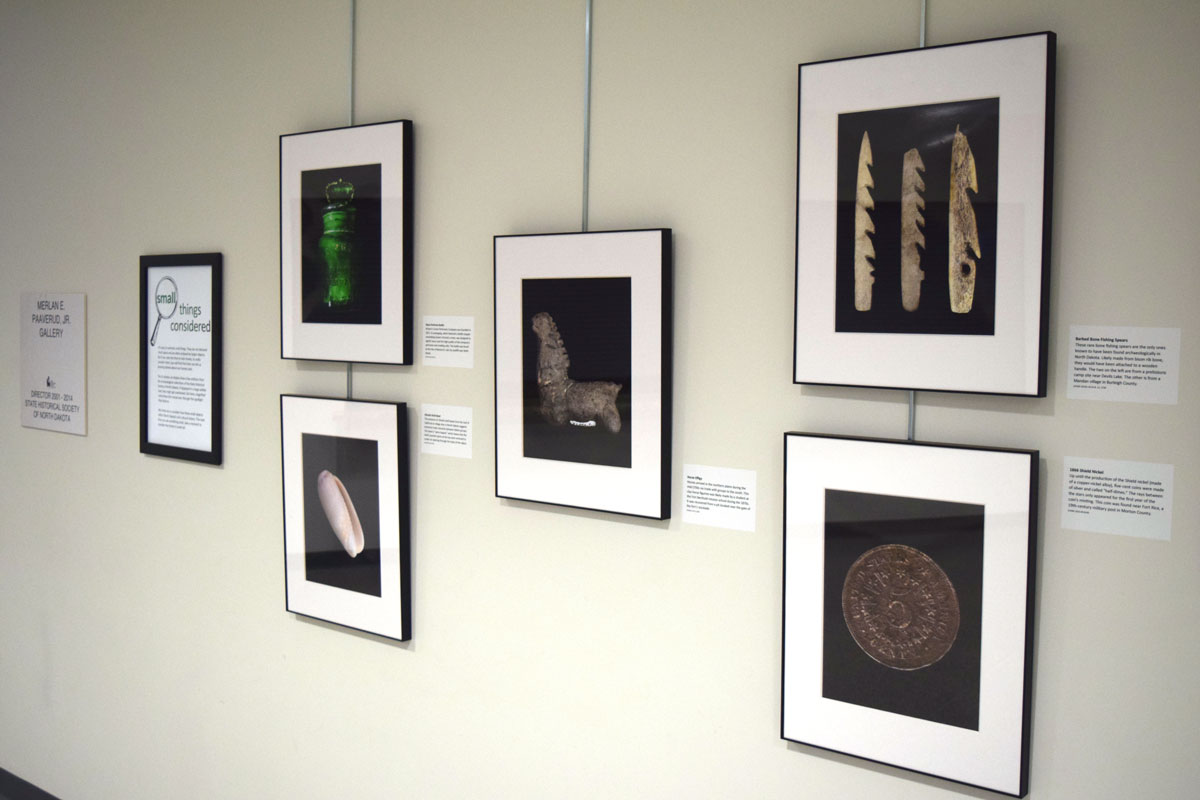 wall with pictures of small artifacts magnified many times their actual size