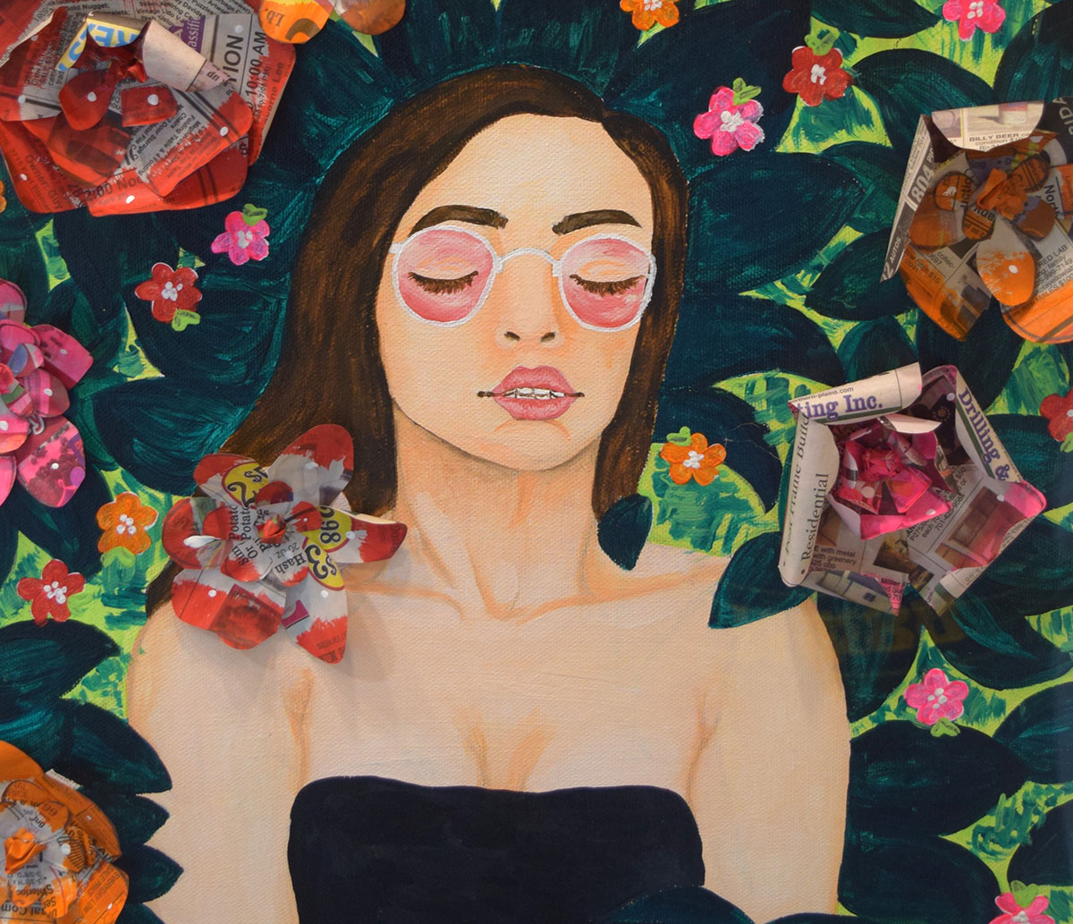 painting of a woman surrounded by flowers, 3d flowers made from newspaper