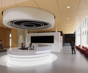 Rendering of a round info desk with a round element above it on the ceiling