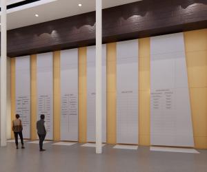 Rendering of a wall of donors with HONOR EDUCATE INSPIRE to the left of the listing