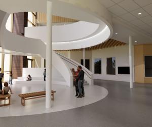 Rendering of a circular stairway from the lower level. People are standing around and sitting on benches.