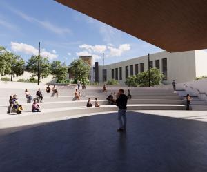 Outdoor rendering of a man standing under a canopy reading something to a crowd sitting on cement cutouts to act as long benches. A building stands in the background