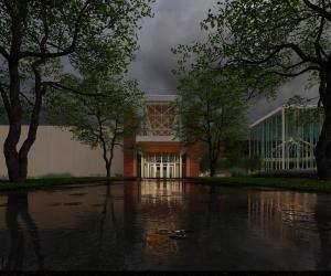 Outdoor rendering on a rainy day of a building with a tan and copper exterior and two large glass boxes for the entrances