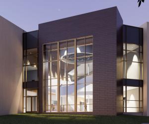 An evening rendering from the outside looking into the large windows of a tan and copper building showing people on the lower level and walking down a staircase to the lower level.
