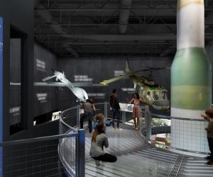 Rendering of a circular catwalk with a missile in the middle of it. A large drone and helicopter are shown in the background. People look at the objects and pose for pictures.