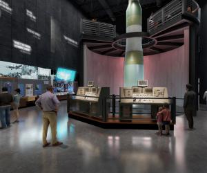 Rendering of people looking at a missile in the middle of the room with test panels and images around it about the Cold War