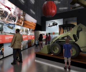Rendering of people looking at a green Bobcat skid steer and images and text panels around it about floods
