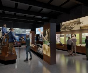 Rendering of people looking a military sections of a gallery. Mannequins in military uniforms are shown on the left and text panels and images of the Spanish & Philippine American Wars are shown on the right.
