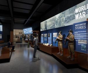 Rendering of a World War I display with text and images panels and two mannequins in uniforms. 