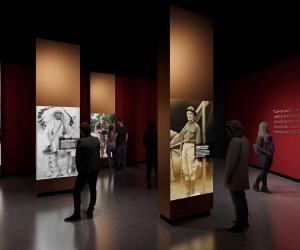 Rendering of people looking at four pillars with a large image of a military person on each with their name and some info about each. The red wall to the right has a quote from Governor Doug Burgum