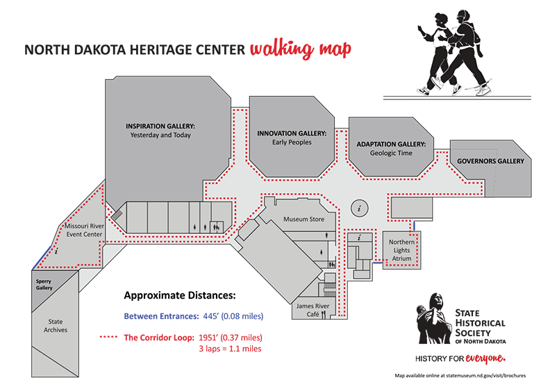 Map of the ND Heritage Center and State Museum showing walking distances